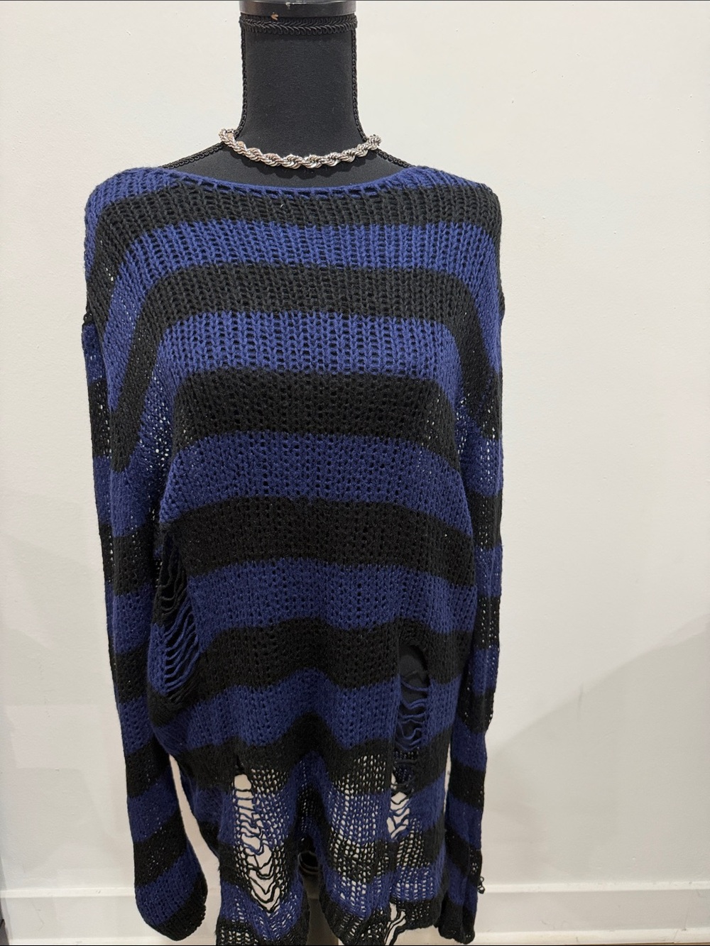 Killstar Blue and Black Distressed Open-Knit Off-Shoulder Sweater